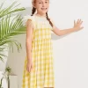 SHEIN Girls Lace Yoke Mesh Ruffle Trim Gingham Dress