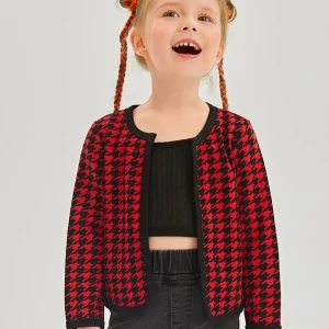 SHEIN Toddler Girls Houndstooth Print Contrast Binding Open Front Jacket