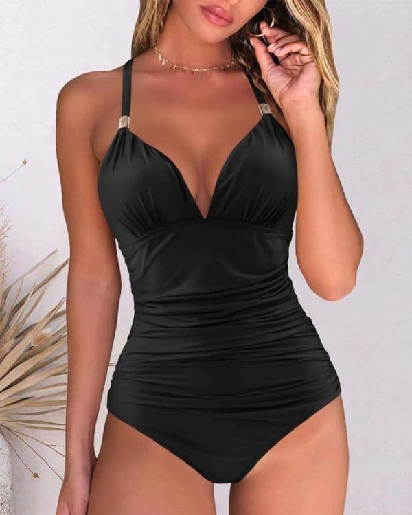 CHICME Halter Backless Ruched One-Piece Swimsuit