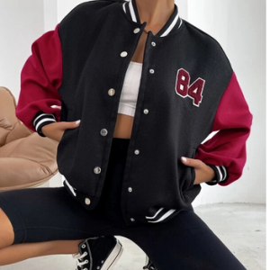 Letter Patched Striped Trim Drop Shoulder Varsity Jacket