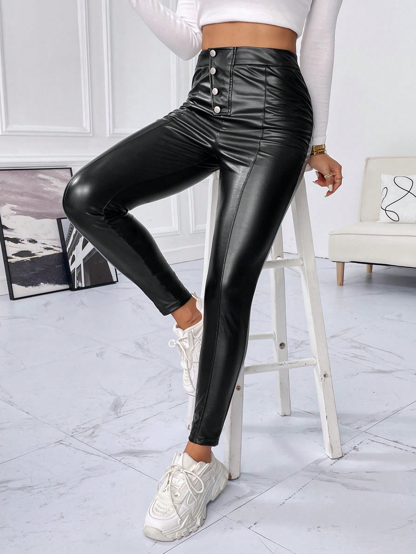 SHEIN SXY Contrast Mesh Insert PU Leather Leggings | SHEIN