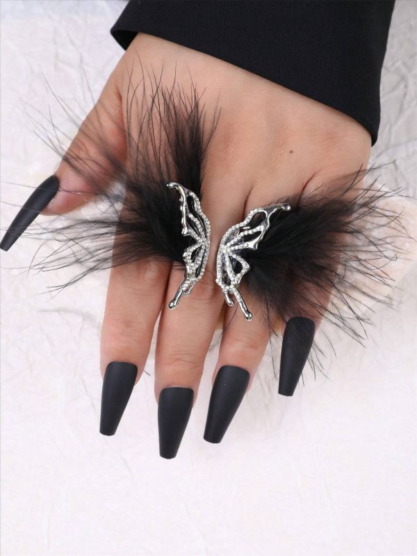 1pc Black Feather & Diamond Butterfly Ring For Women, Adjustable Design, Perfect For Wedding & Anniversary