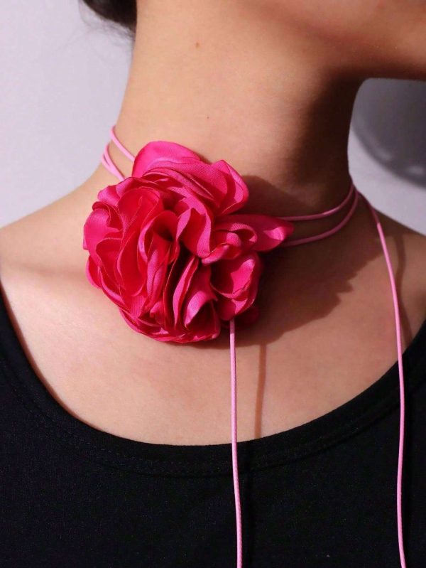 SHEIN 1pc Vintage French Style Burned Edge Camellia Ribbon Tie Necklace For Women