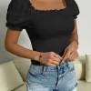 SHEIN Privé Eyelet Embroidery Puff Sleeve Shirred Top