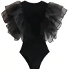 Women'S Romantic Slim Fit Exaggerated Ruffle Trim Bodysuit