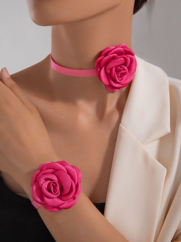 2pcs/set Simple And Fresh Polyester 3d Flower Bracelet & Choker Necklace Jewelry Set, Perfect As Women's Evening Gift