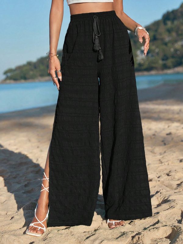 SHEIN VCAY Tassel Tie Waist Split Thigh Wide Leg Pants