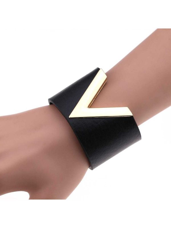 SHEIN Black Wide V Shape PU Leather Bracelets Cuff Punk For Women