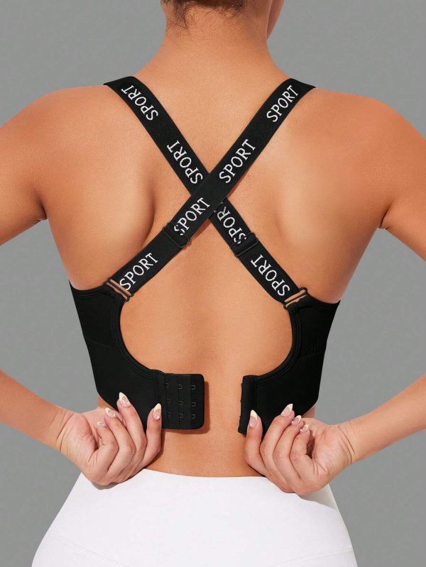 Letter Tape Panel Crisscross Back Sports Bra