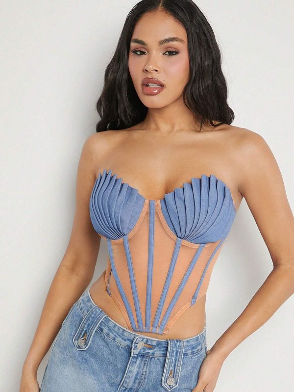 SHEIN Haute Pleated Seashell Bustier Contrast Top