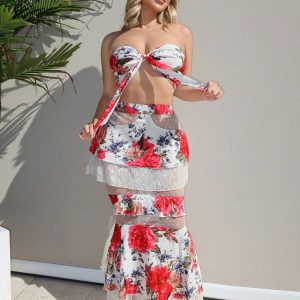 SHEIN SXY Beachwear Summer Romantic Floral Patchwork Lace Sexy Dress Set
