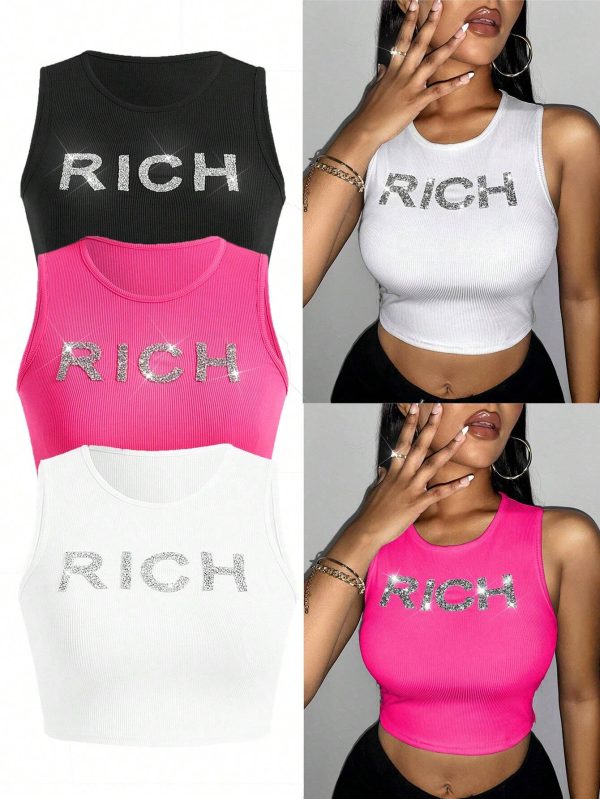 SHEIN SXY Women's Rhinestone Embellished Letter Pattern Casual Tank Top For Summer