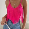 SHEIN VCAY Summer Beach Solid Fringe Trim Cami Bodycon Top